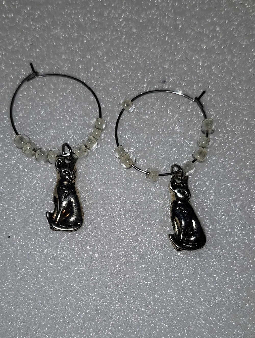 Hand Crafted Silver Cat Hoop Earrings with Clear Beads
